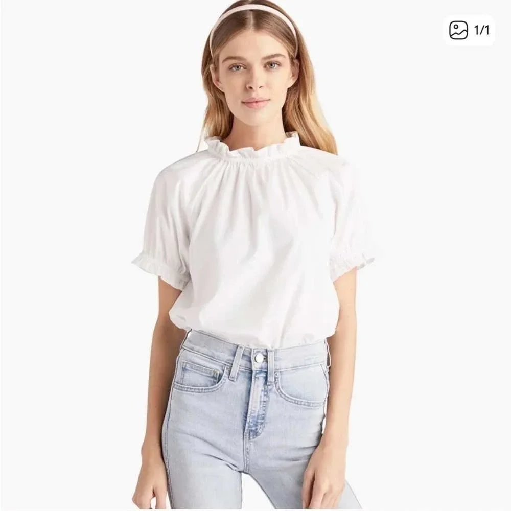 Hill House The Kit Top Puff Sleeve Ruffle Neck Blouse Cotton White XS